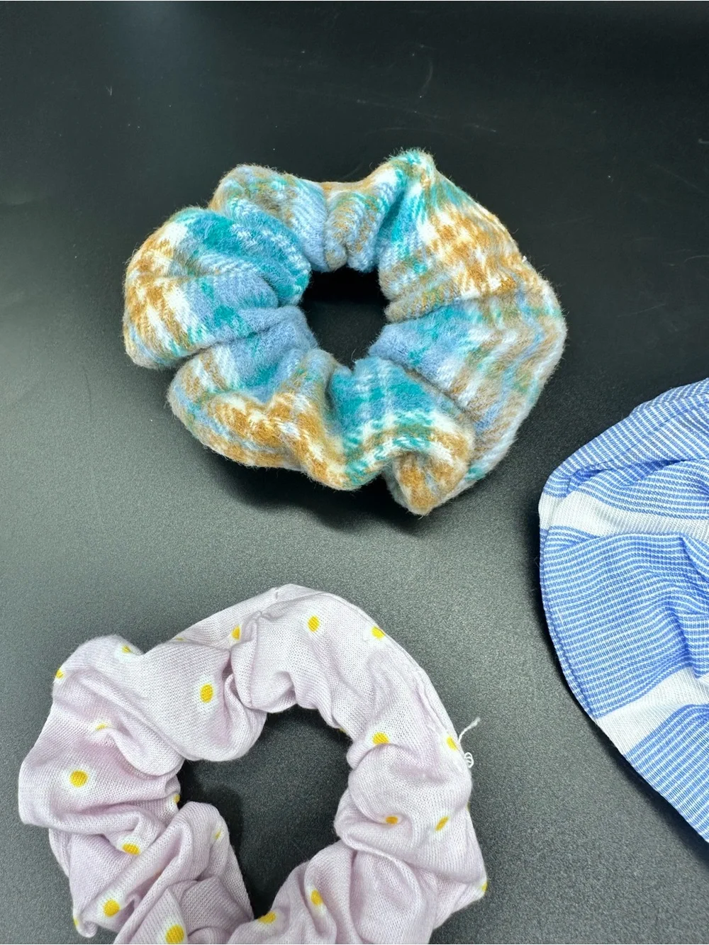Lot of 6 Fashion Hair Scrunchies Mixed Patterns Plaid Floral Pearls Stripe